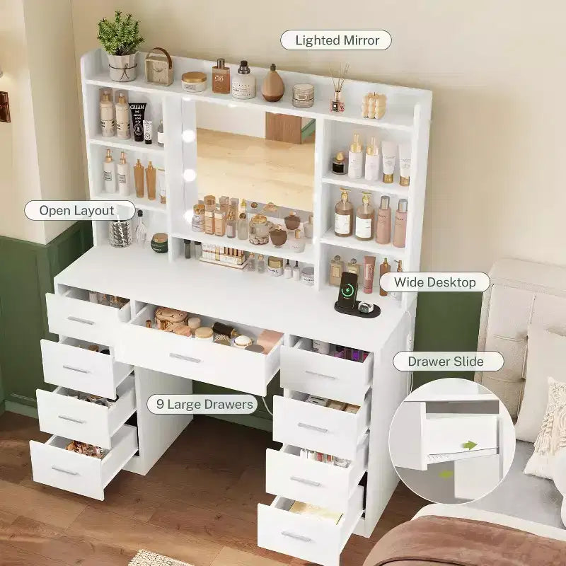 BALHAM TRADE-Coiffeuse avec miroir et lumières 9 tiroirs 6 étagères 3 modes d'éclairage Luminosité réglable
